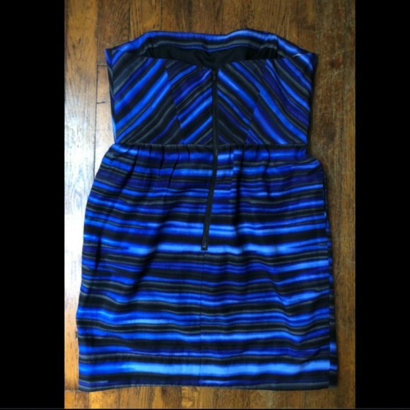 Shoshanna | Blue Black Silk Stripe Strapless Dress - Picture 3 of 9